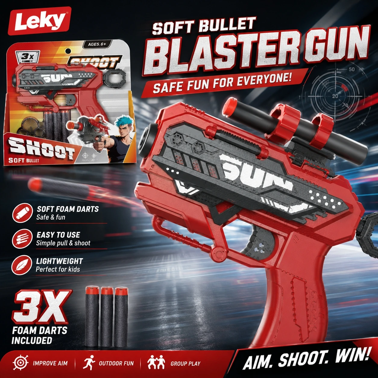 Original LEKY promotional artwork for the red and black soft-dart toy blaster, including its packaging and darts.