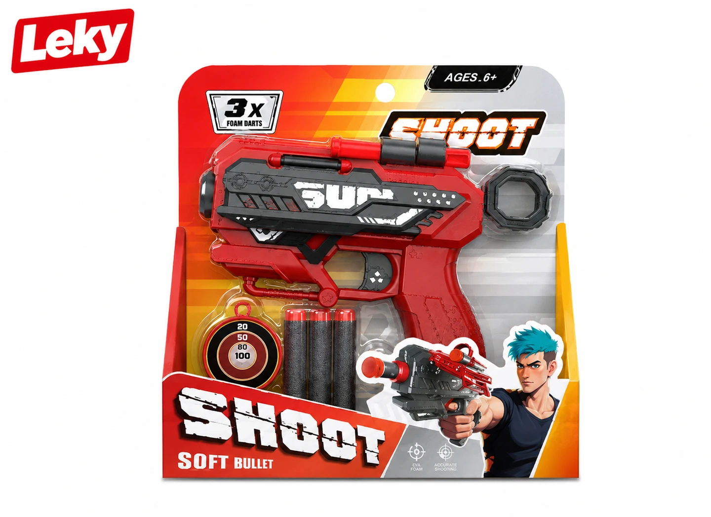 Red and black toy blaster in the supplied LEKY retail packaging, with three darts and a circular target shown.