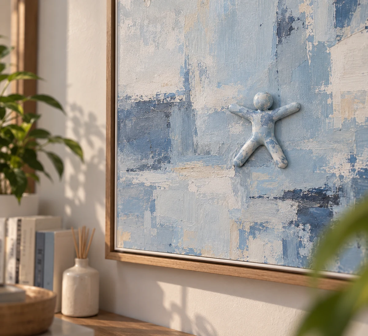 A small blue-and-white figure blends into the brushstrokes of a framed abstract painting.