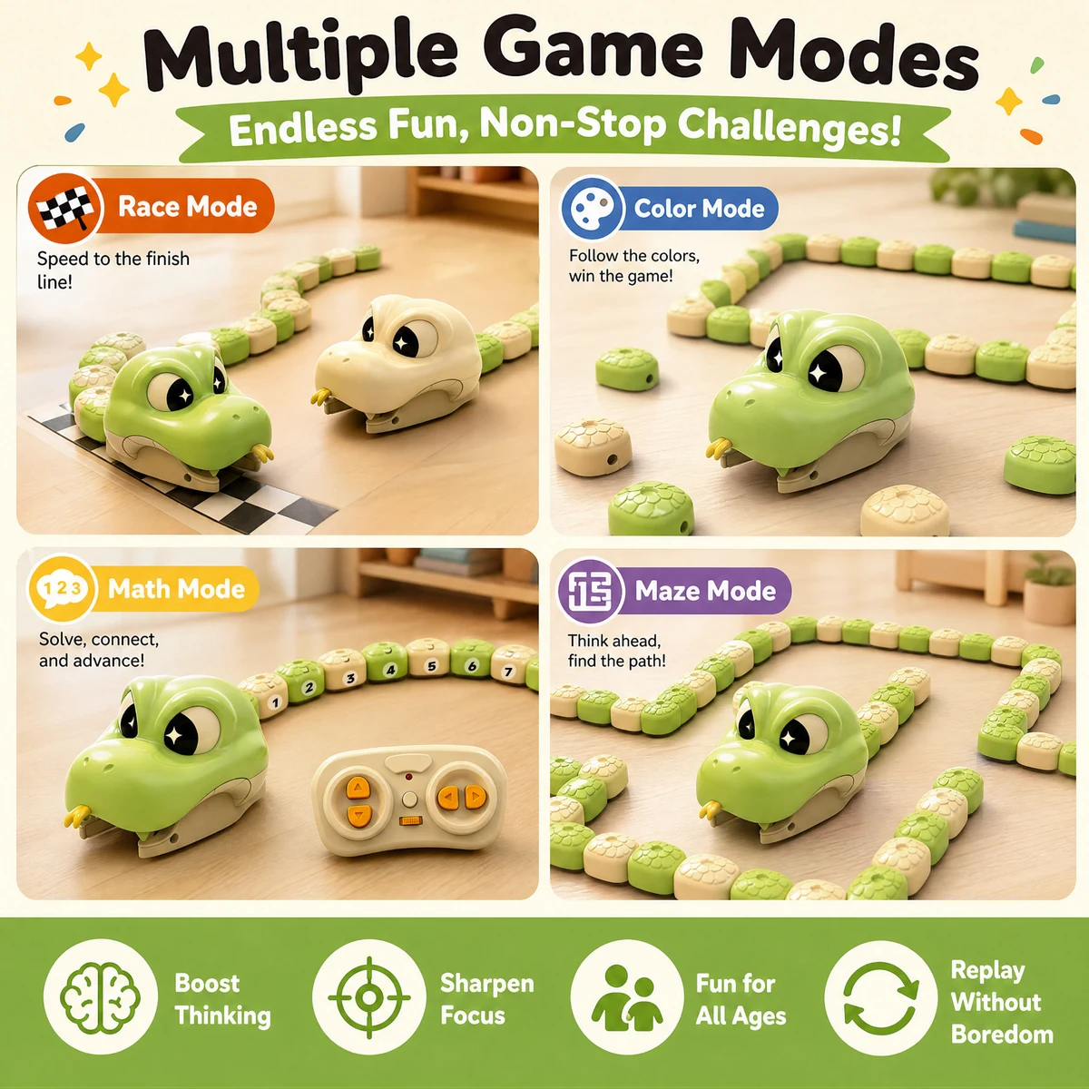Multiple game-mode reference for the magnetic feeding snake.