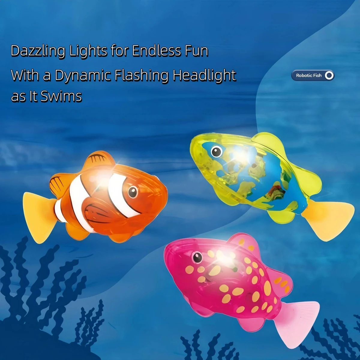 Colourful robotic fish in the supplied water-play artwork.