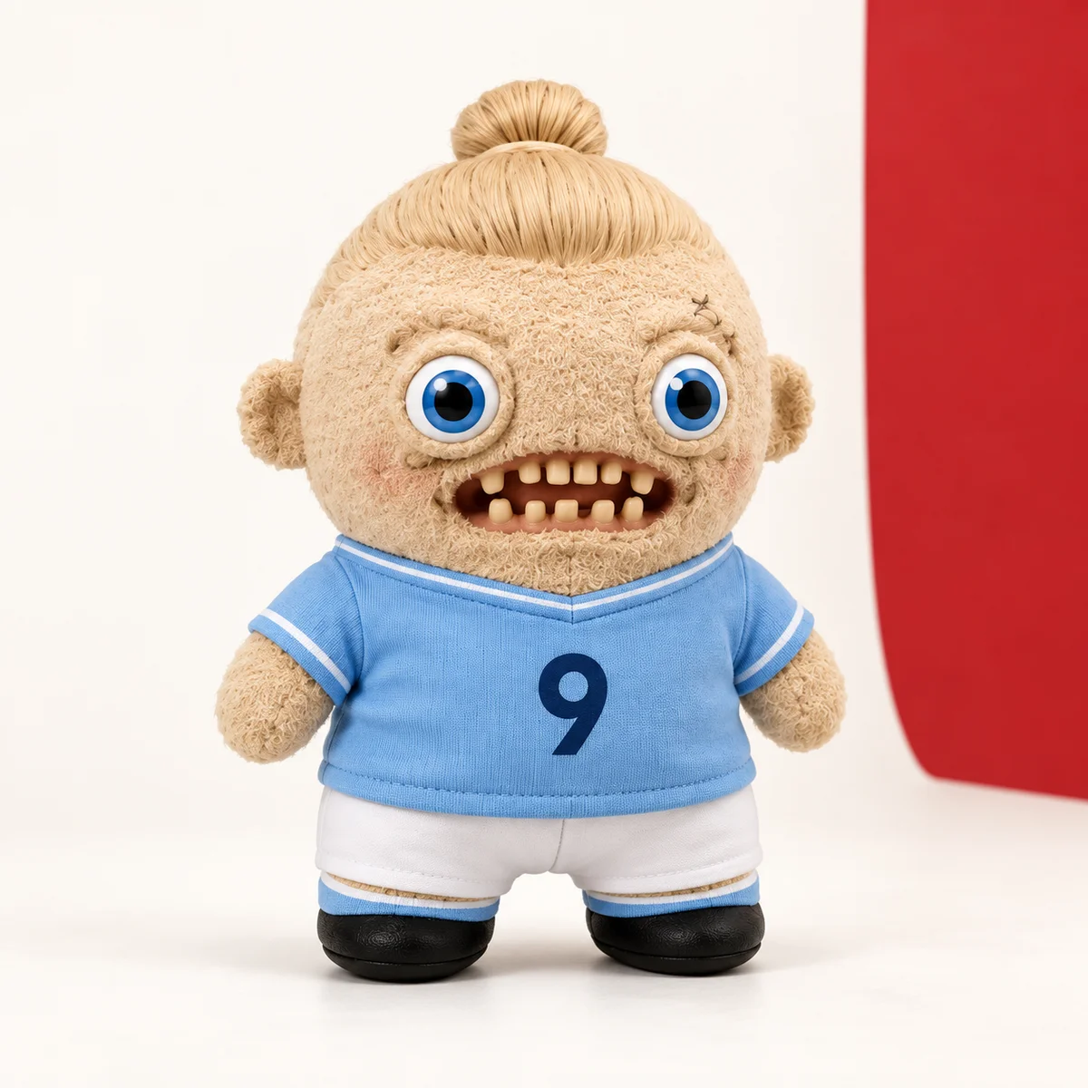 Weegler with a blond top bun, big blue eyes and a blue number 9 football shirt against a white and red studio backdrop.