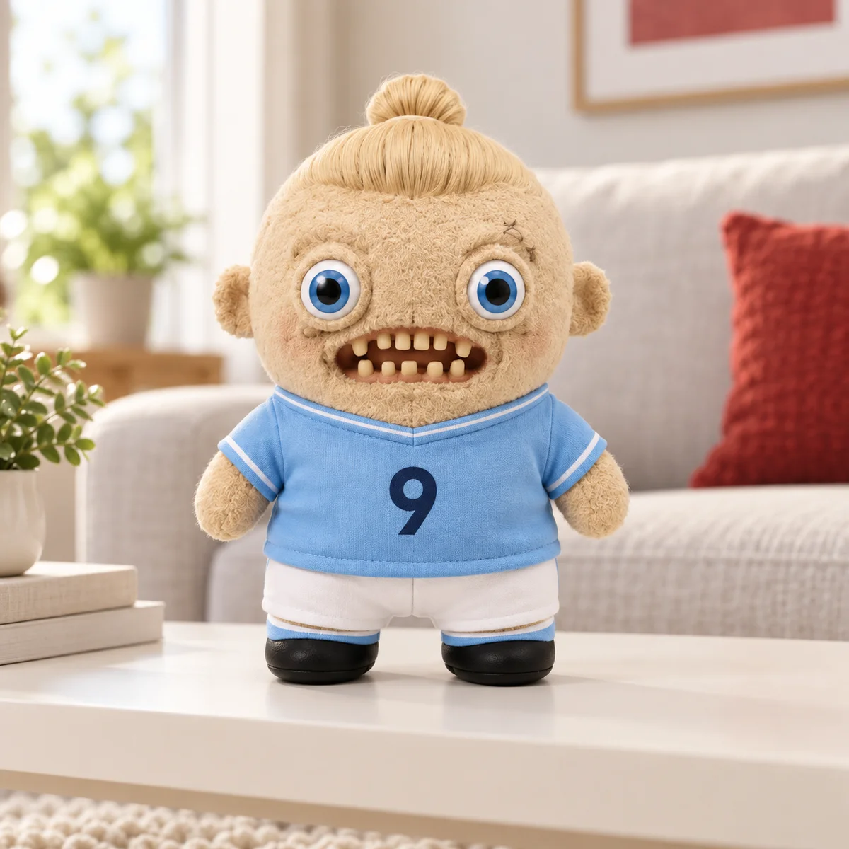Weegler displayed on a white surface in a warm living room with a red cushion in the background.